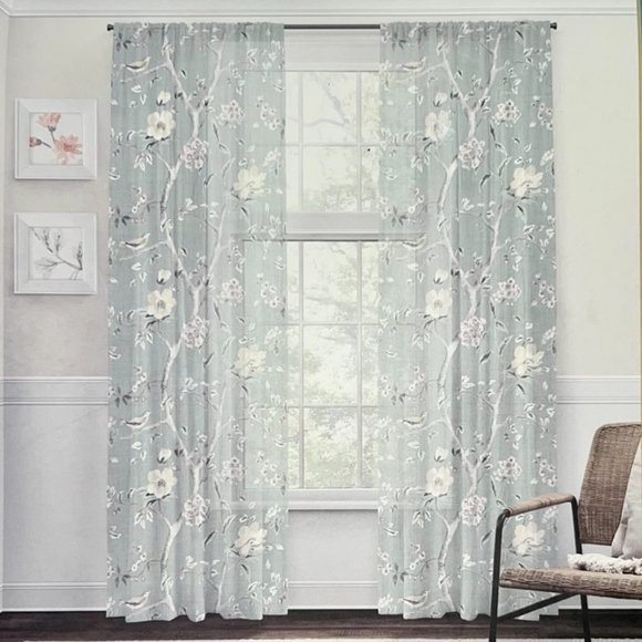 38 x 96 Lillian August Curtains Rod Pocket Birdsong Floral Seafoam Green Blue - Picture 4 of 9